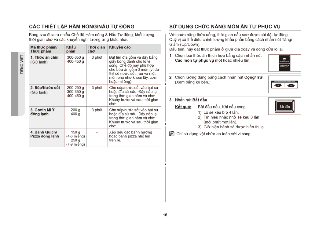 Samsung GE83DSTT/XSV manual Các thiết lập hâm nóng/nấu tự động, Sử dụng chức năng món ăn tự phục vụ 