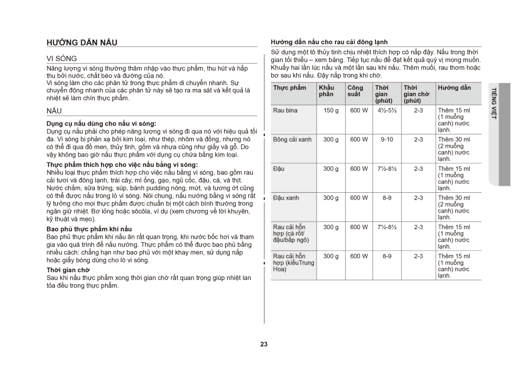 Samsung GE83DSTT/XSV manual Hướng dẫn nấu, VI Sóng, Nấu 