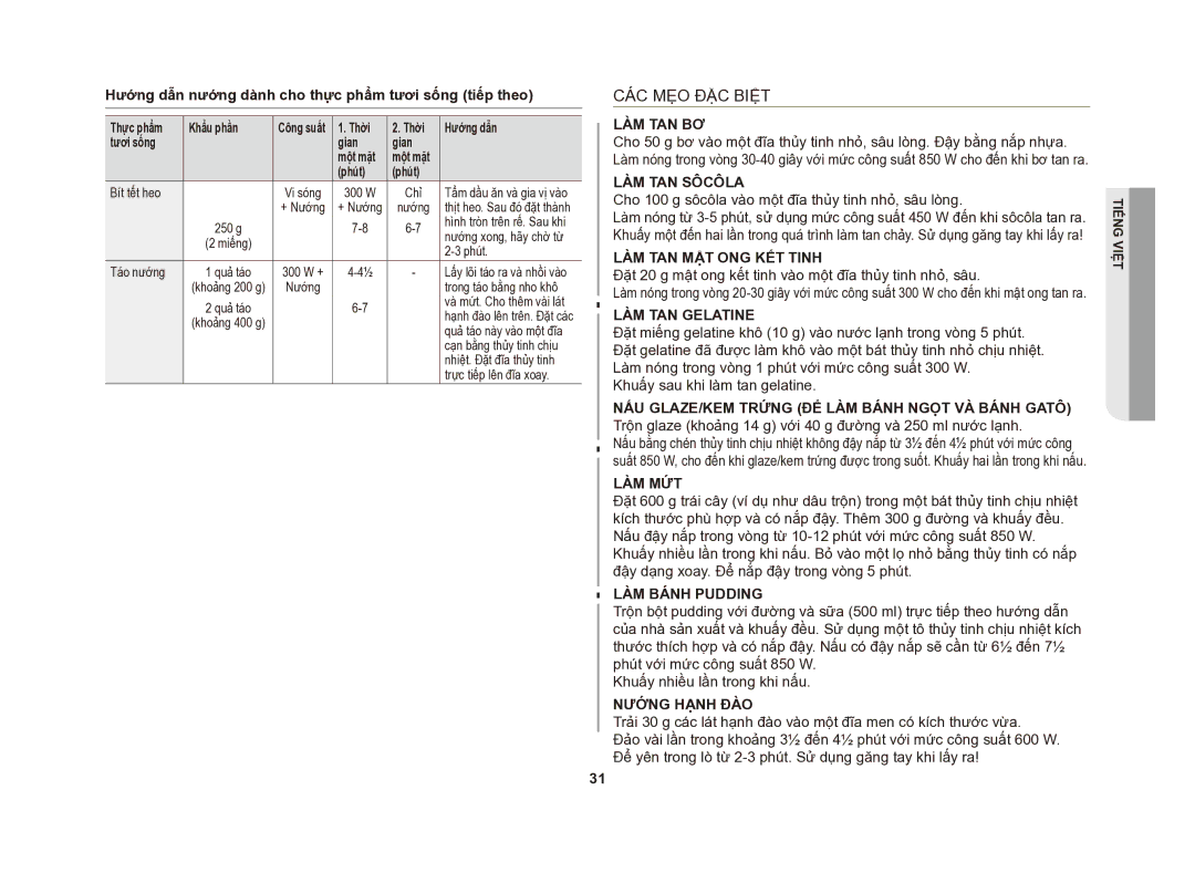 Samsung GE83DSTT/XSV manual CÁC MẸO ĐẶC Biệt, Hướng dẫn nướng dành cho thực phẩm tươi sống tiếp theo 