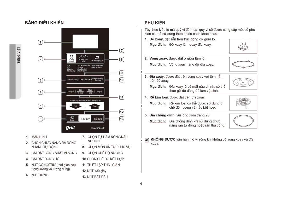 Samsung GE83DSTT/XSV manual Bảng điều khiển, Phụ kiện, 12. NÚT +30 giây 