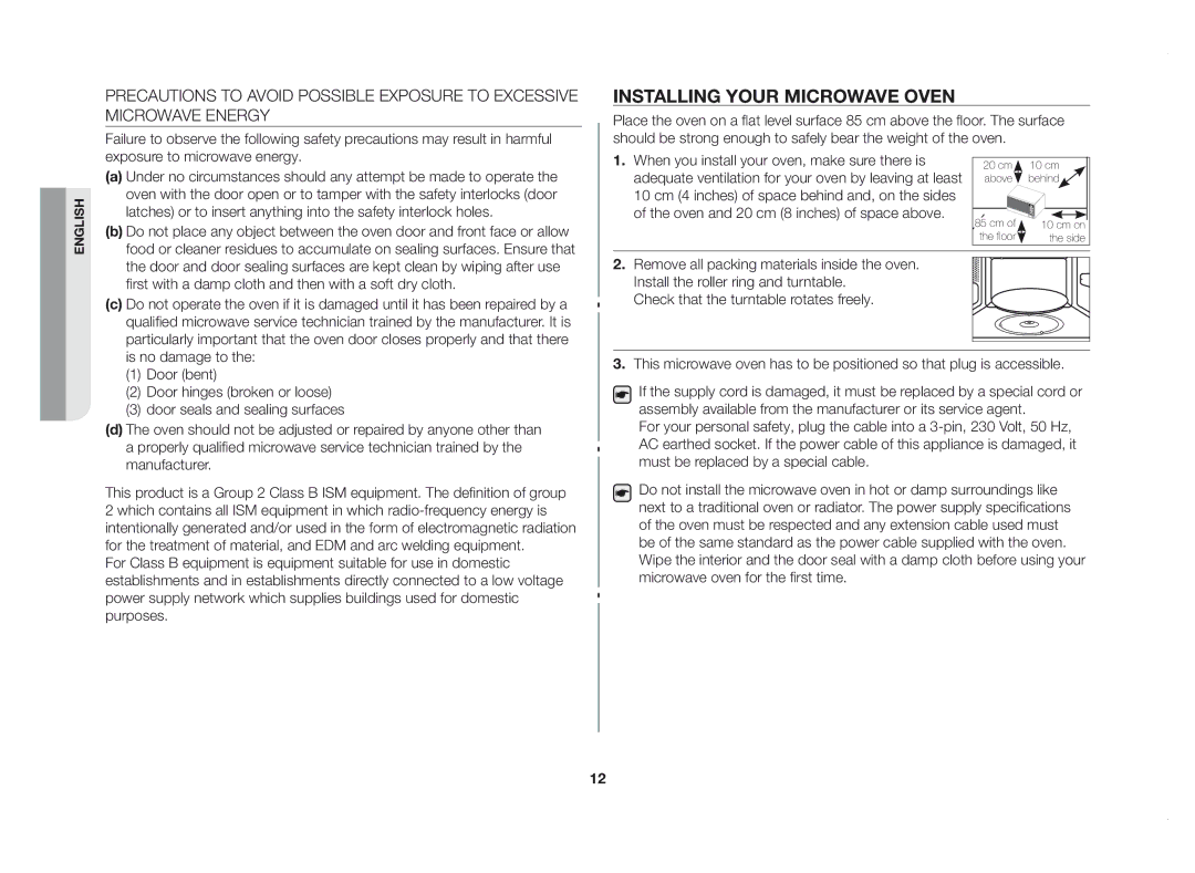 Samsung GE83DSTT/XSV manual Installing your microwave oven 