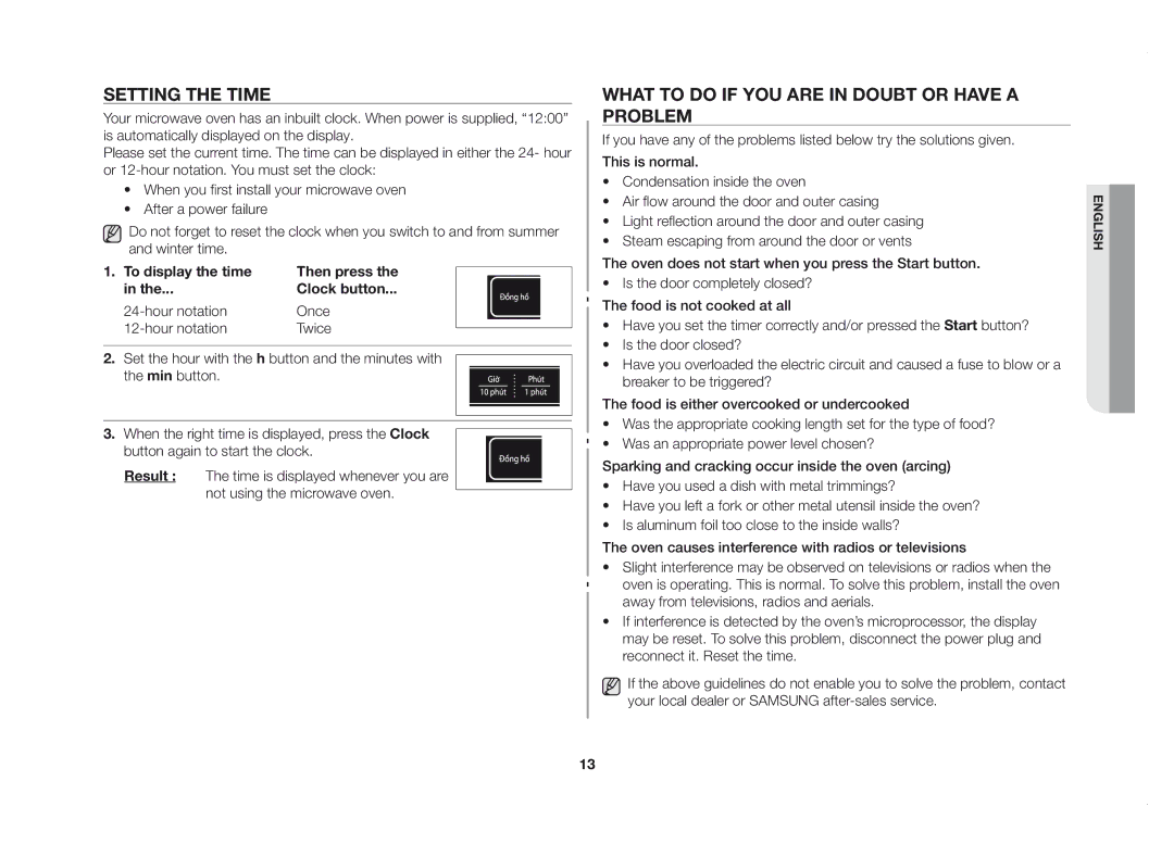 Samsung GE83DSTT/XSV Setting the time, What to do if you are in doubt or have a problem, To display the time, Then press 