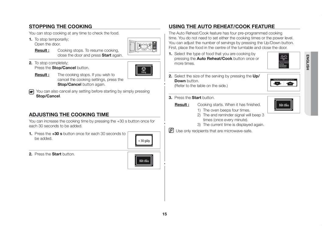 Samsung GE83DSTT/XSV manual Stopping the cooking, Adjusting the cooking time, Using the auto reheat/cook feature 