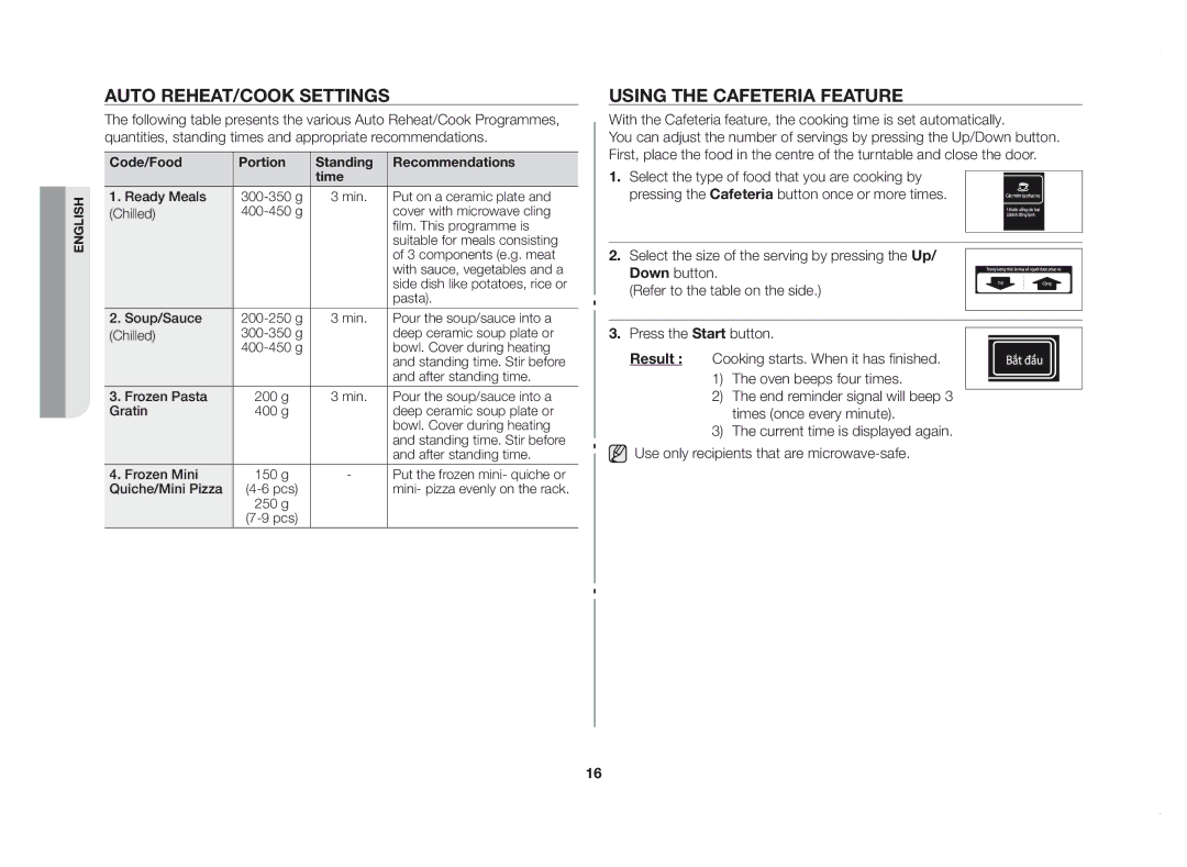 Samsung GE83DSTT/XSV manual Auto reheat/cook settings, Using the cafeteria feature 