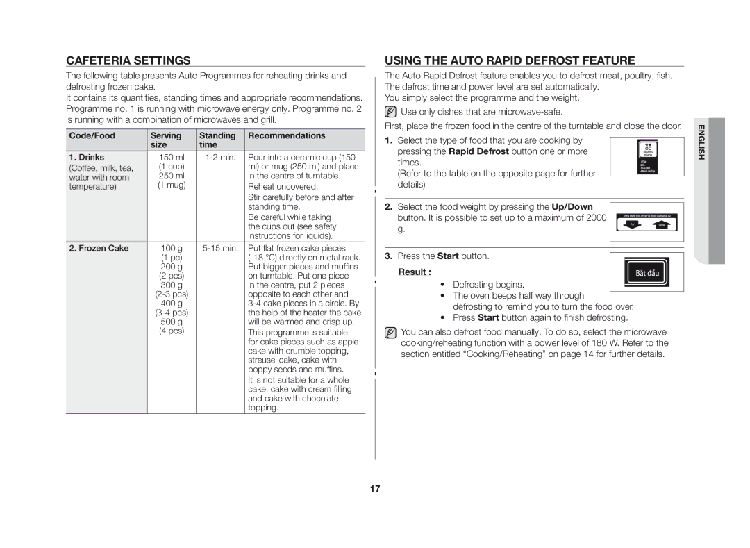 Samsung GE83DSTT/XSV manual Cafeteria settings, Using the auto rapid defrost feature, Result 