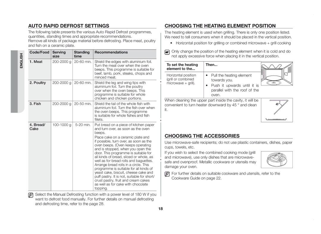 Samsung GE83DSTT/XSV manual Auto rapid defrost settings, Choosing the heating element position, Choosing the accessories 