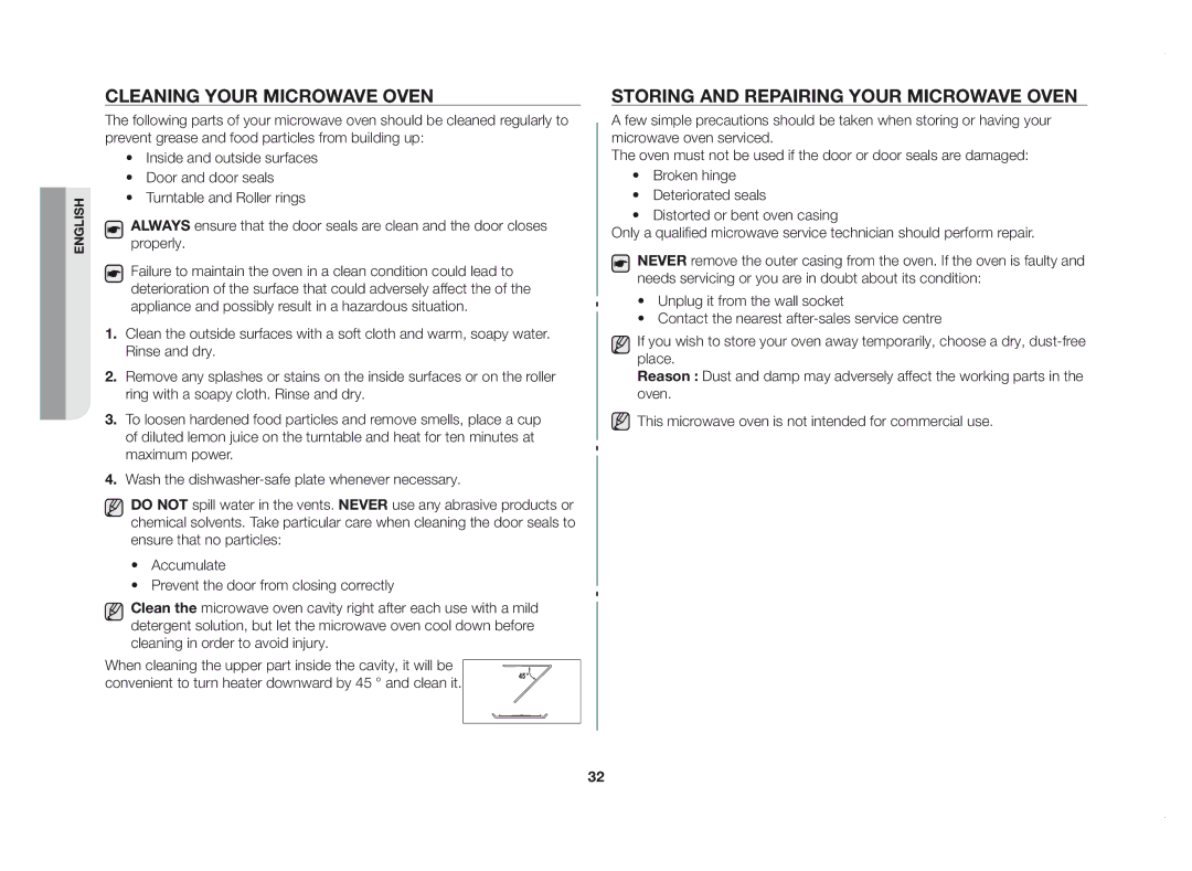 Samsung GE83DSTT/XSV manual Cleaning your microwave oven, Storing and repairing your microwave oven 