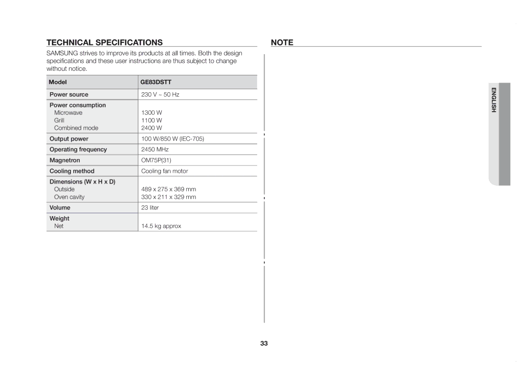 Samsung GE83DSTT/XSV manual Technical specifications, Model 