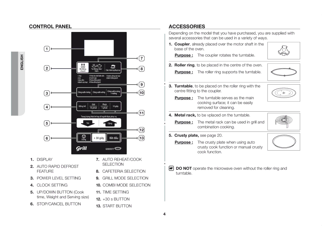 Samsung GE83DSTT/XSV manual Control panel, Accessories, UP/DOWN Button Cook, Time, Weight and Serving size +30 s Button 