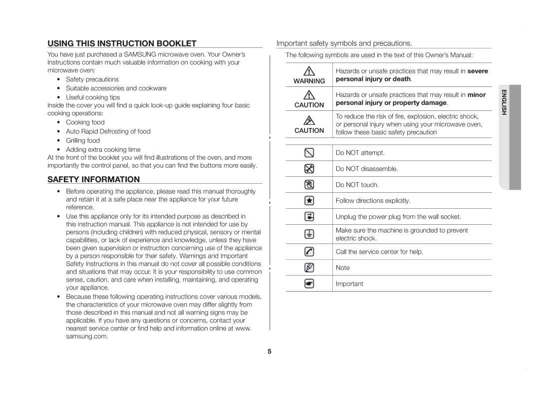 Samsung GE83DSTT/XSV manual Using this instruction booklet, Safety information, Personal injury or death 