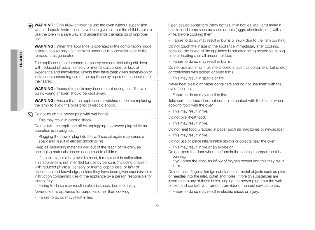 Samsung GE83DSTT/XSV manual Failure to do so may result in electric shock or injury 