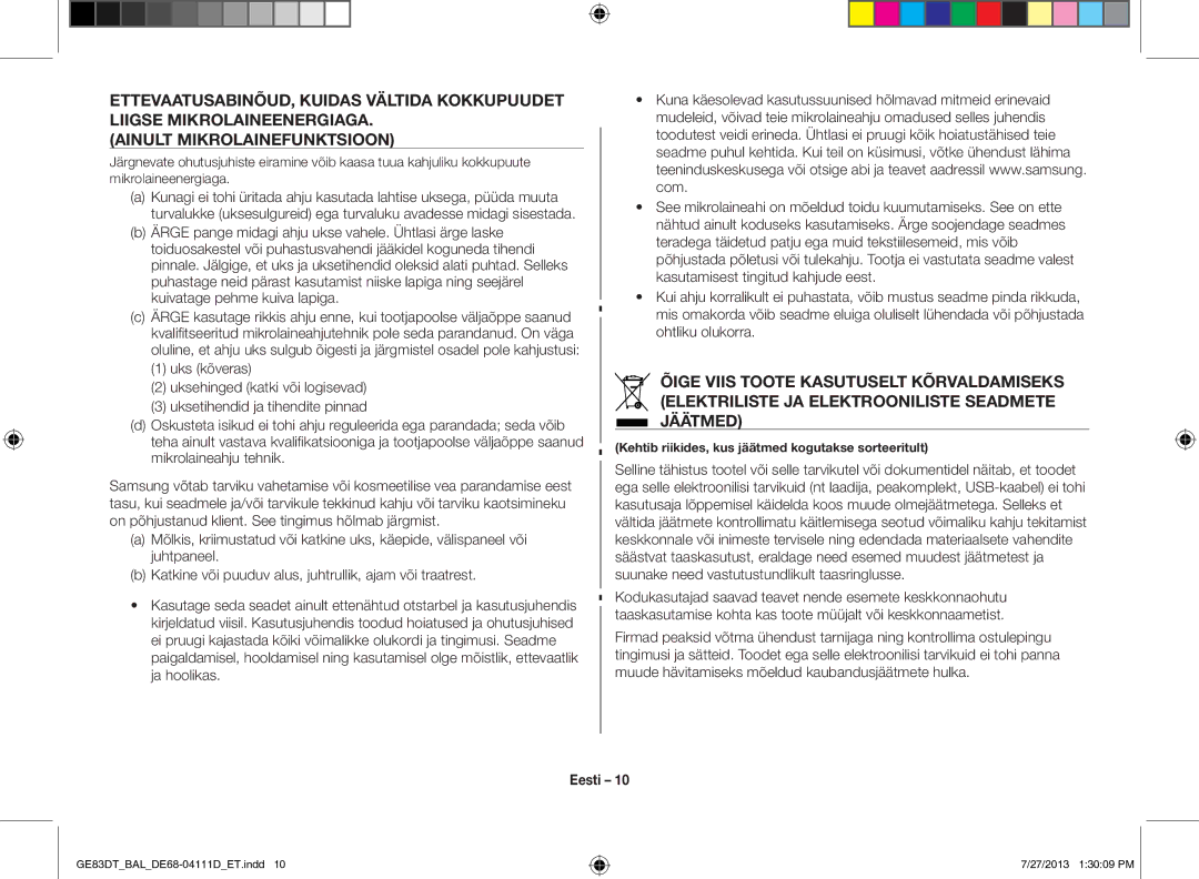 Samsung GE83DT-1/BAL manual Kehtib riikides, kus jäätmed kogutakse sorteeritult 