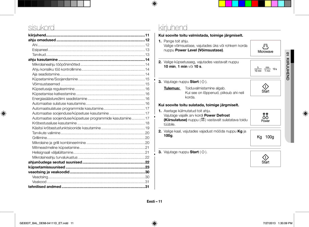 Samsung GE83DT-1/BAL manual Kiirjuhend, Kui soovite toitu valmistada, toimige järgmiselt 