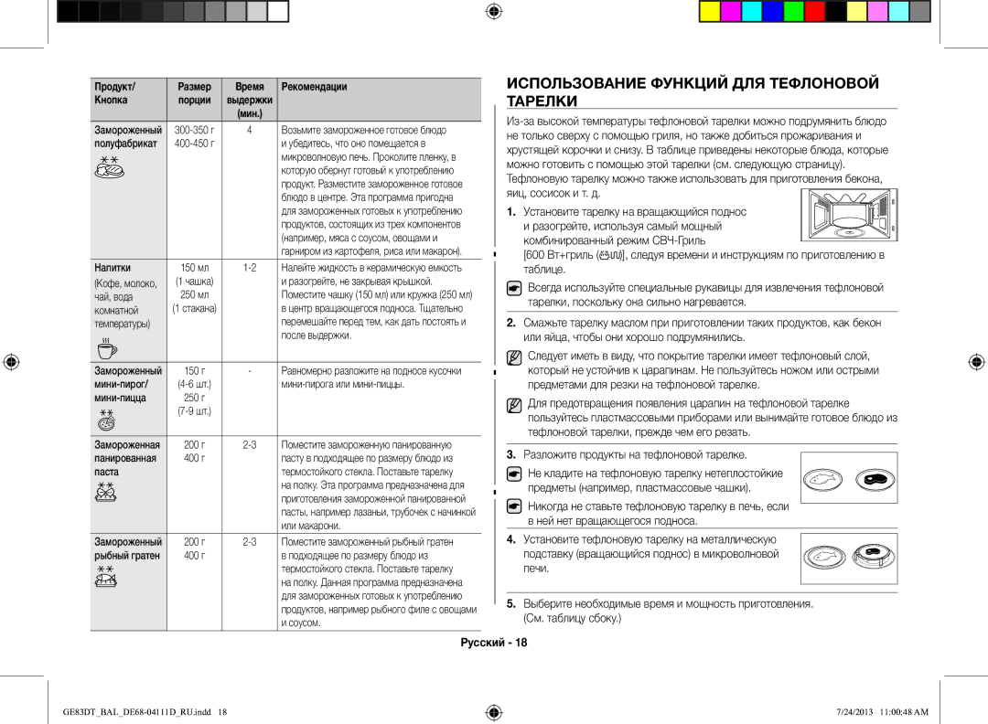 Samsung GE83DT-1/BAL manual Использование Функций ДЛЯ Тефлоновой Тарелки 