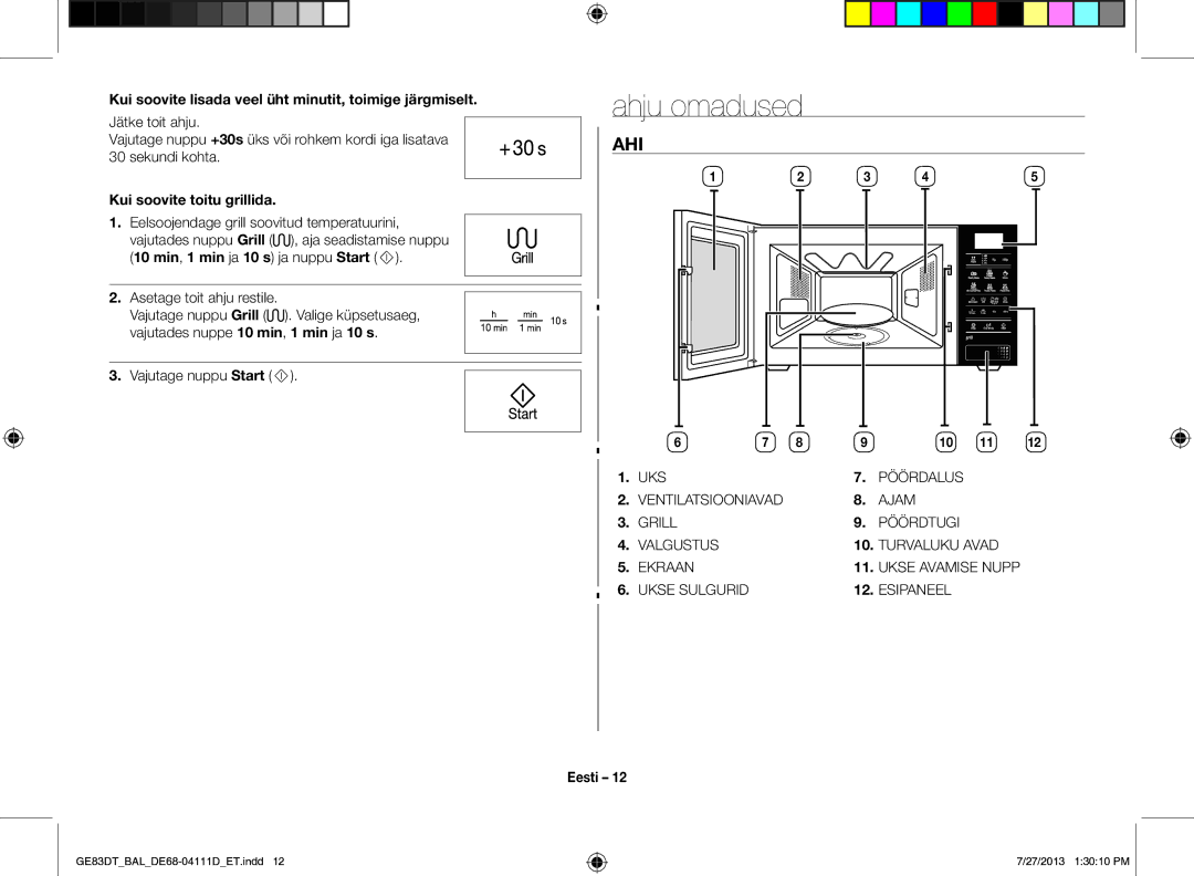 Samsung GE83DT-1/BAL manual Ahju omadused, Ahi, Kui soovite lisada veel üht minutit, toimige järgmiselt 