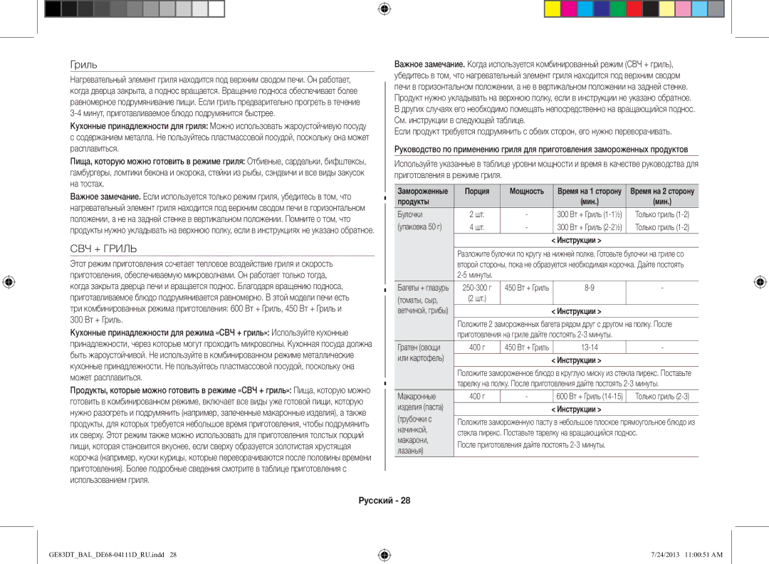 Samsung GE83DT-1/BAL manual СВЧ + Гриль, Продукты 