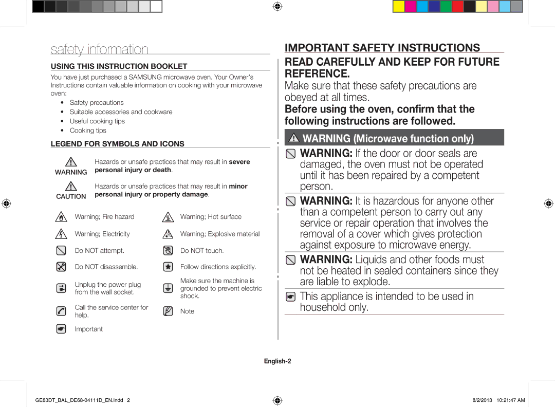 Samsung GE83DT-1/BAL Safety information, Read Carefully and Keep for Future Reference, Personal injury or property damage 