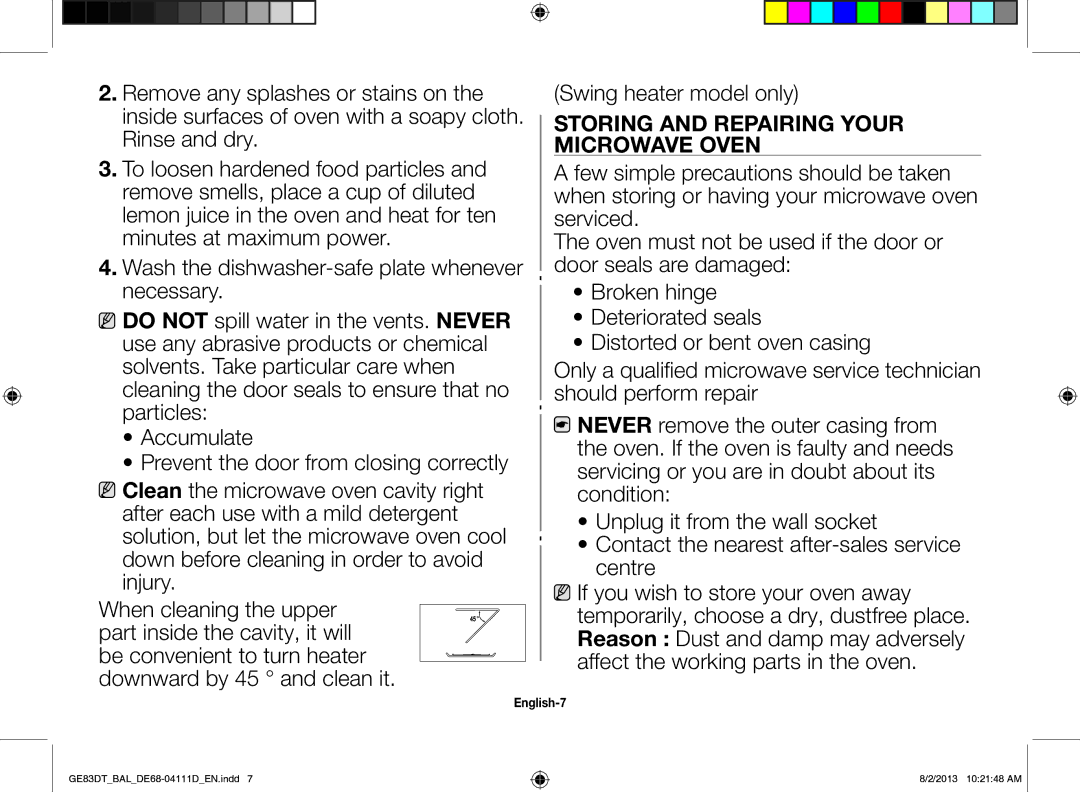 Samsung GE83DT-1/BAL manual Storing and Repairing Your Microwave Oven, English-7 