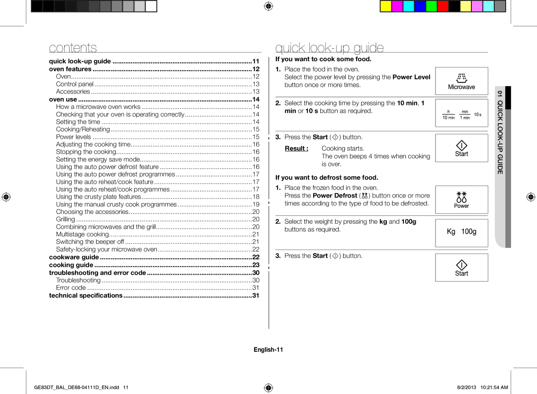 Samsung GE83DT-1/BAL manual Quick look-up guide, Contents 