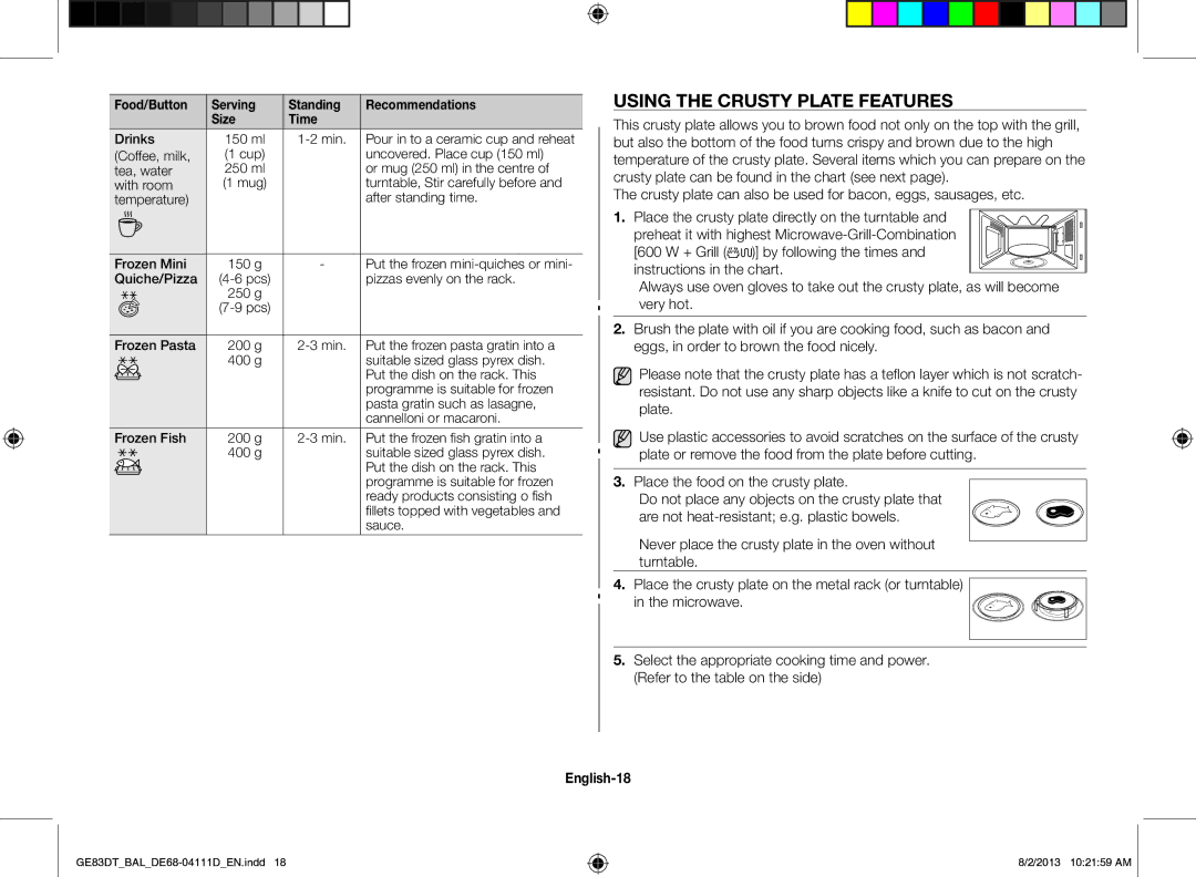 Samsung GE83DT-1/BAL manual Using the Crusty Plate Features, 600 W + Grill, English-18 