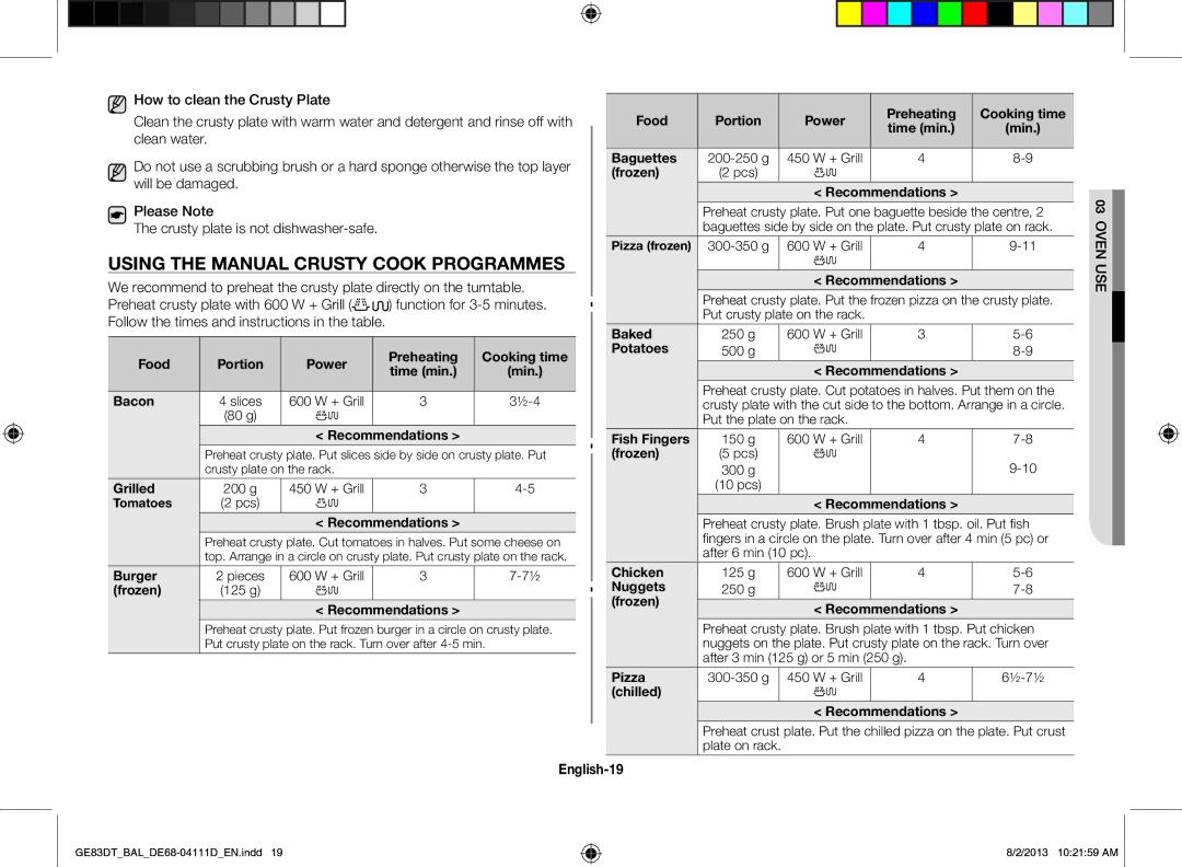 Samsung GE83DT-1/BAL manual Using the Manual Crusty Cook Programmes, English-19 