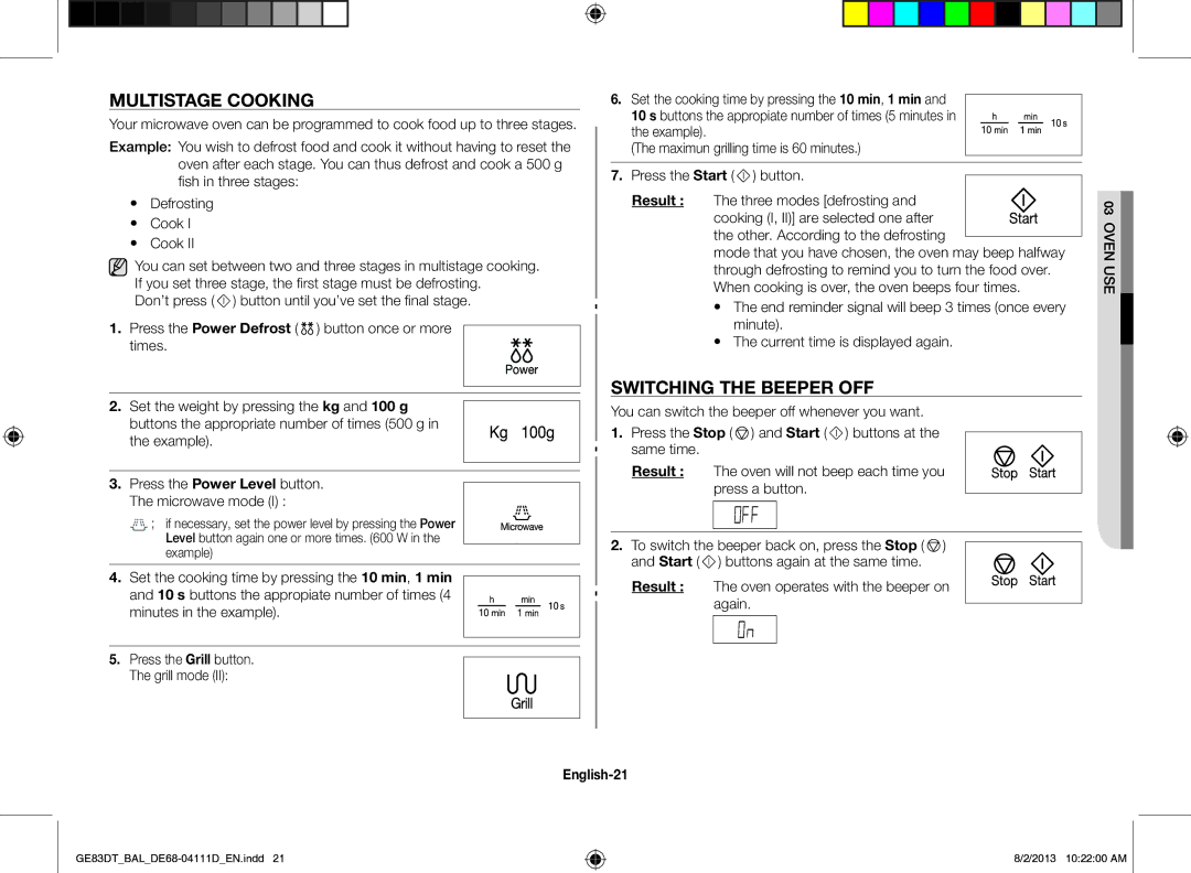 Samsung GE83DT-1/BAL manual Multistage Cooking, Switching the Beeper OFF, Example, English-21 