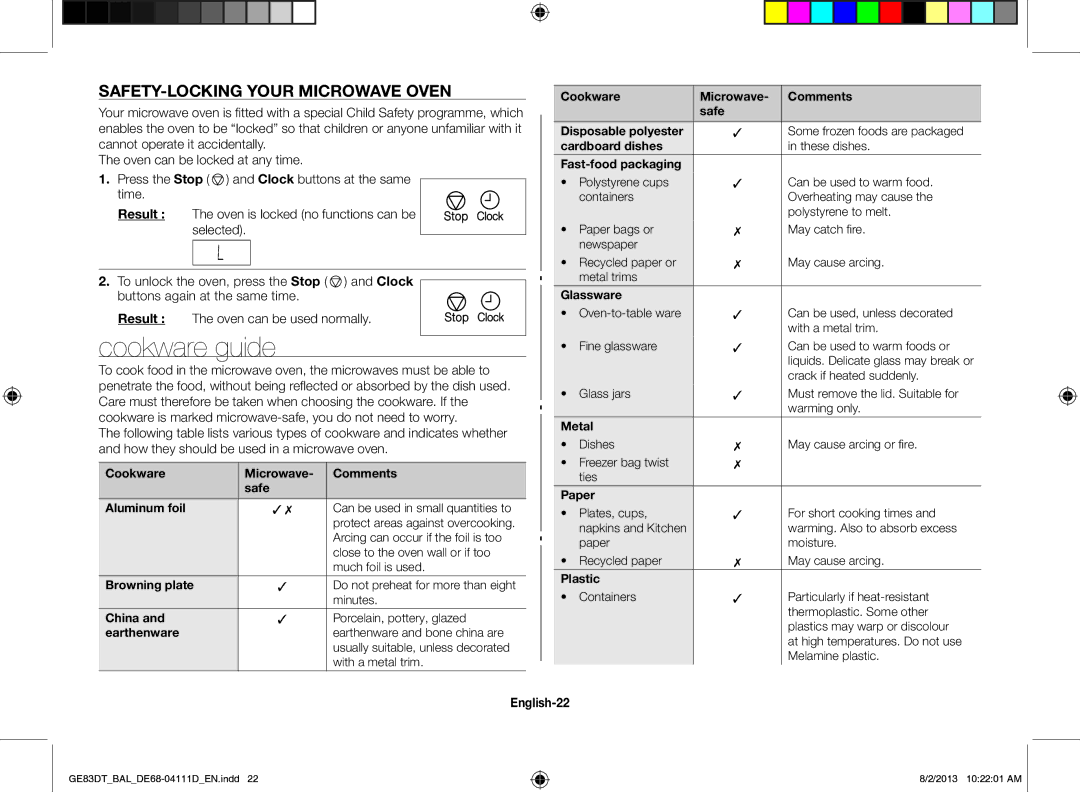 Samsung GE83DT-1/BAL manual Cookware guide, SAFETY-LOCKING Your Microwave Oven, English-22 