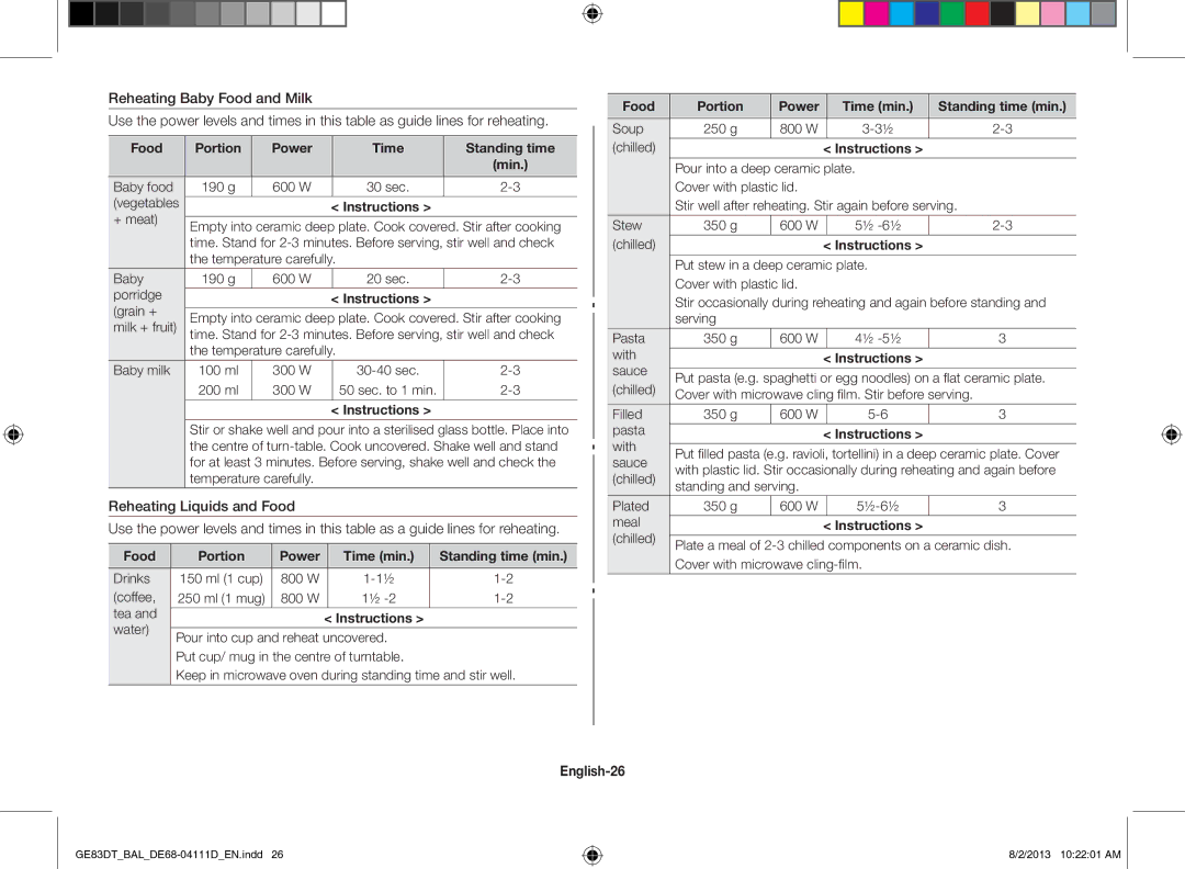 Samsung GE83DT-1/BAL English-26, Food Portion Power Time Standing time, Food Portion Power Time min Standing time min 