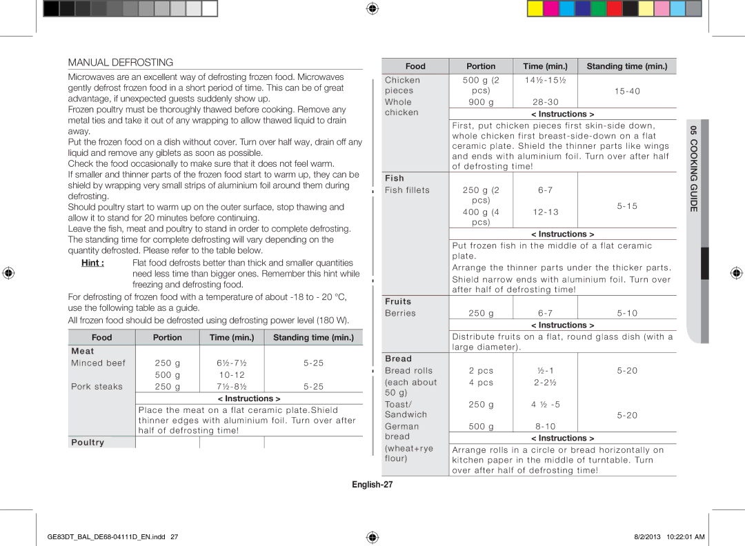 Samsung GE83DT-1/BAL manual Manual Defrosting, English-27, Food Portion Time min Standing time min 