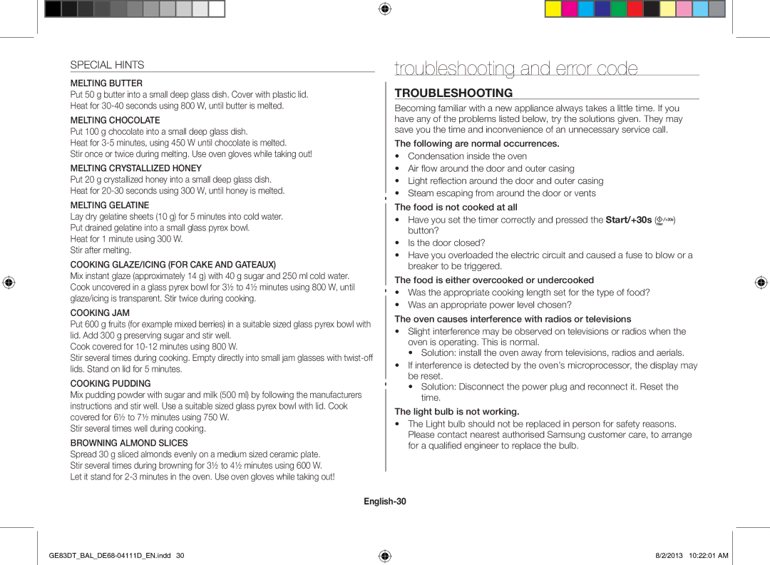 Samsung GE83DT-1/BAL manual Troubleshooting and error code, Special Hints, English-30 