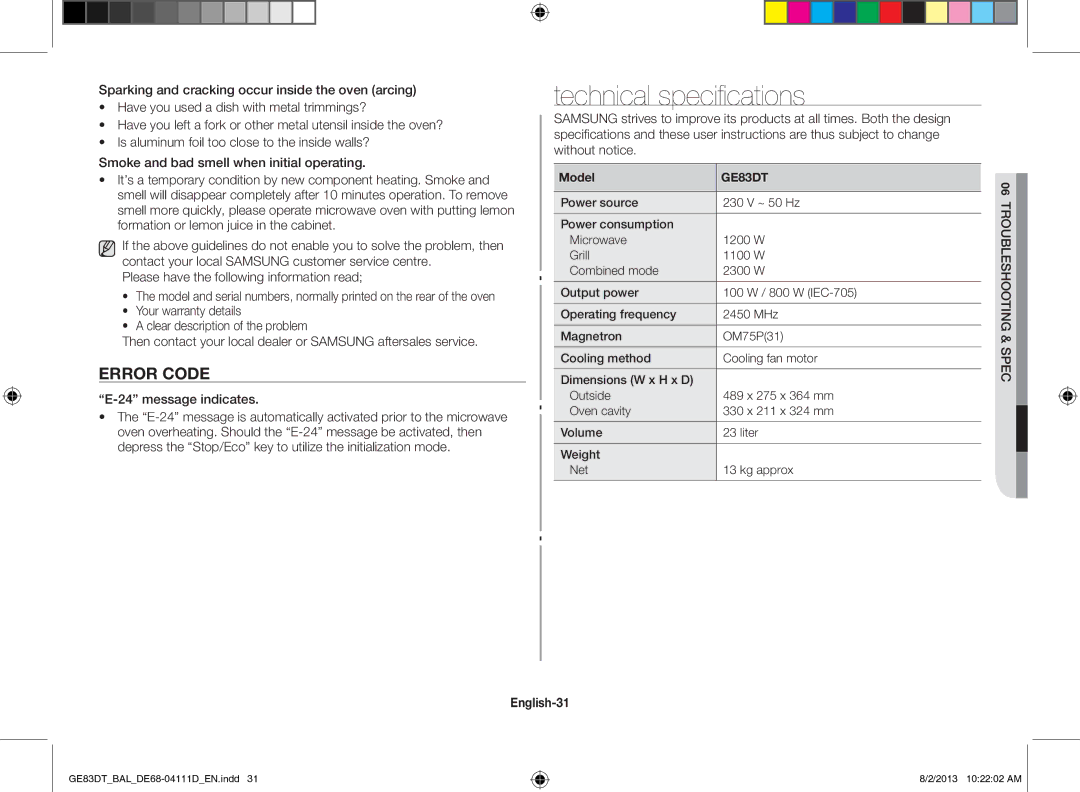 Samsung GE83DT-1/BAL manual Technical specifications, Error Code, Message indicates, Troubleshooting & Spec, English-31 