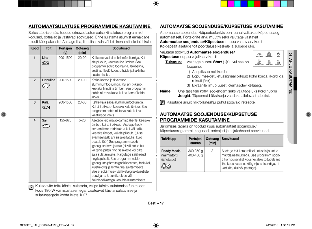 Samsung GE83DT-1/BAL Automaatsulatuse Programmide Kasutamine, Automaatse SOOJENDUSE/KÜPSETUSE Kasutamine, Ahju Kasutamine 