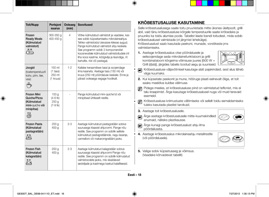 Samsung GE83DT-1/BAL manual Krõbestusaluse Kasutamine, Kombinatsiooni kõrgeima võimsuse juures 600 W + Grill 