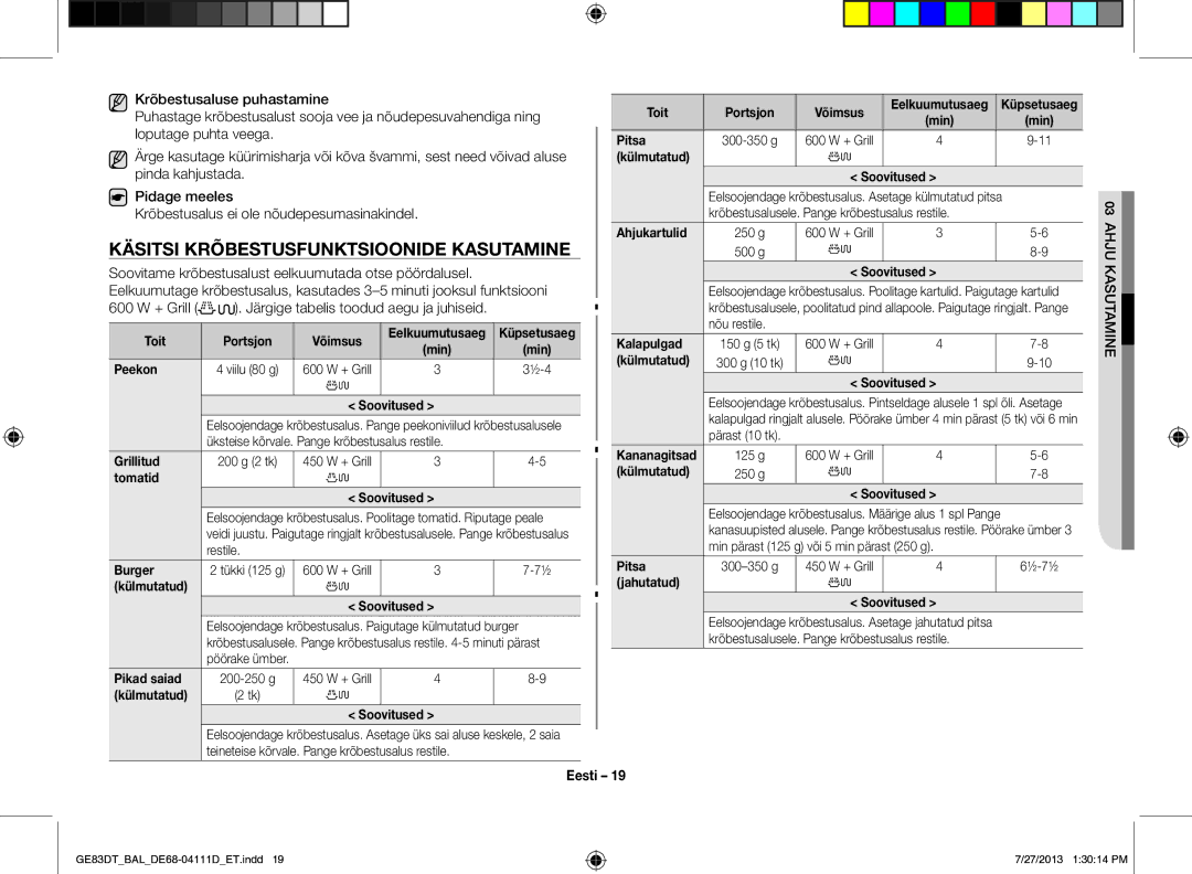 Samsung GE83DT-1/BAL manual Käsitsi Krõbestusfunktsioonide Kasutamine 