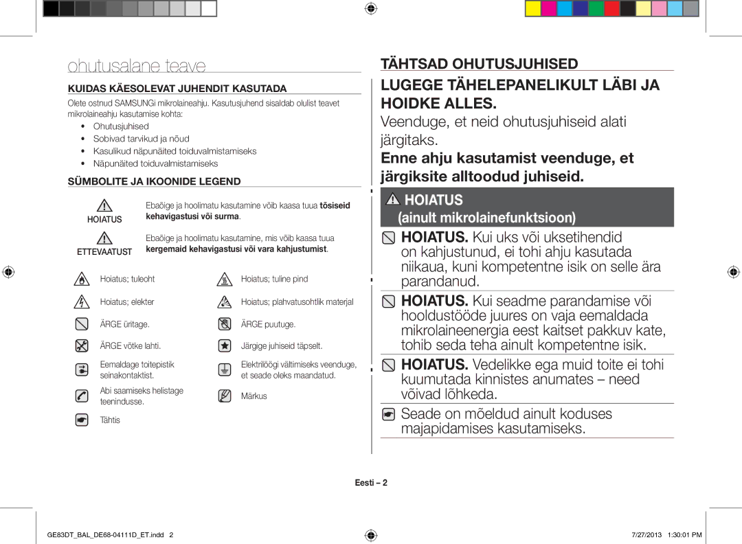 Samsung GE83DT-1/BAL manual Ohutusalane teave, Lugege Tähelepanelikult Läbi JA Hoidke Alles, Hoiatus Ettevaatust, Eesti 