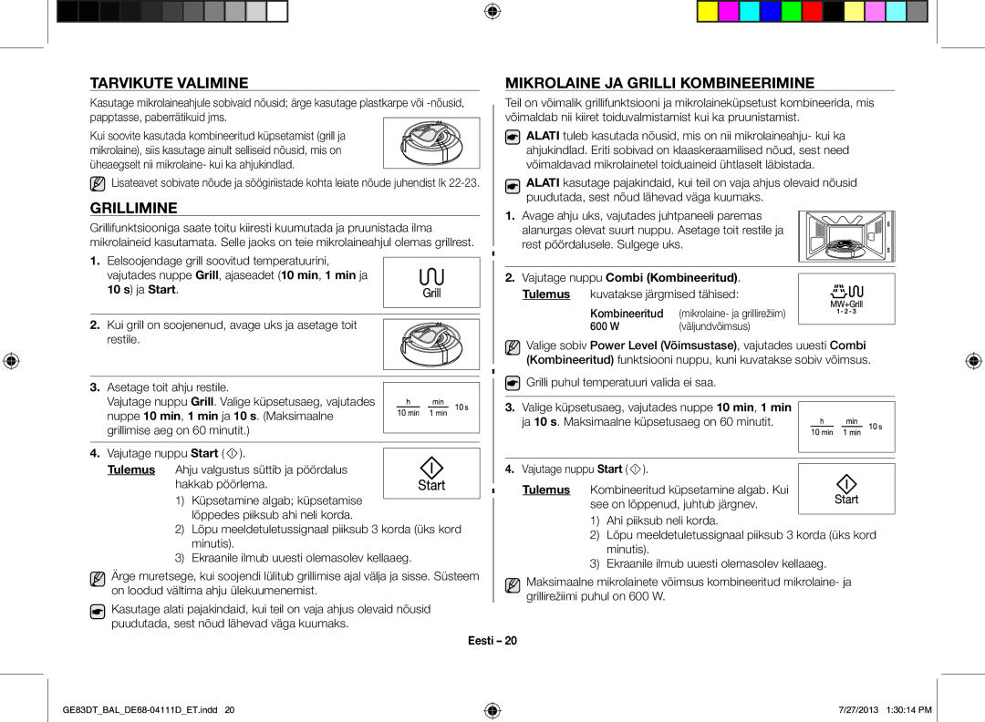 Samsung GE83DT-1/BAL manual Tarvikute Valimine, Grillimine, Mikrolaine JA Grilli Kombineerimine, Kombineeritud 