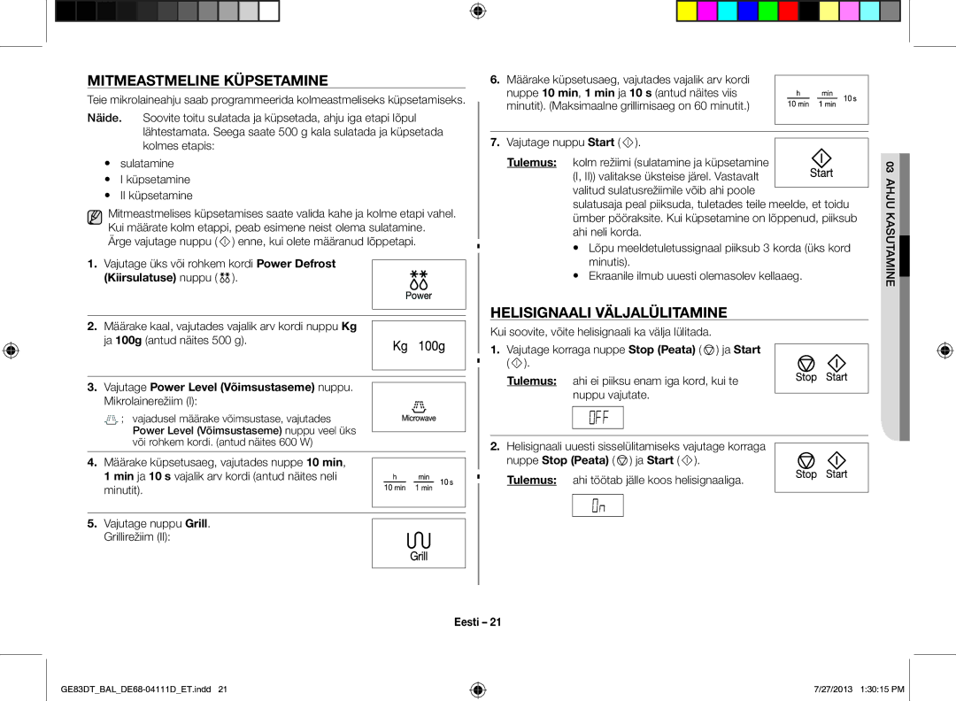 Samsung GE83DT-1/BAL manual Mitmeastmeline Küpsetamine, Helisignaali Väljalülitamine, Kiirsulatuse nuppu, Mikrolainerežiim 