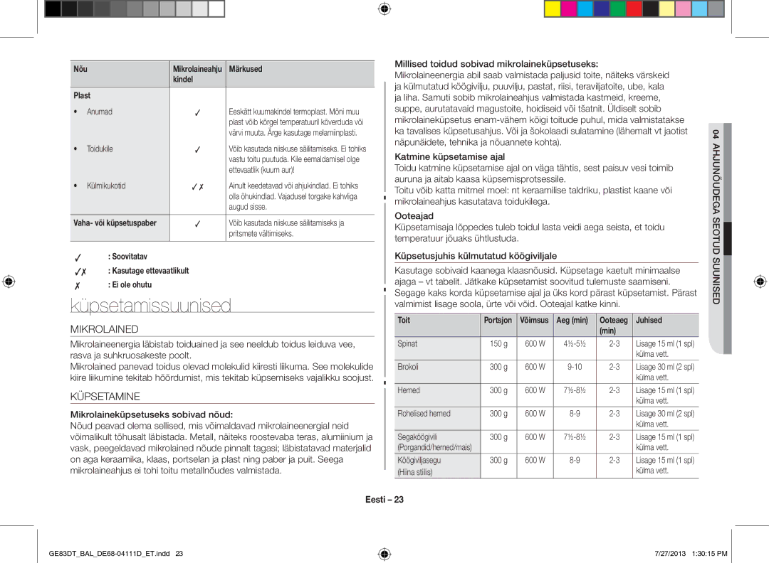 Samsung GE83DT-1/BAL manual Küpsetamissuunised, Mikrolained, Küpsetamine 