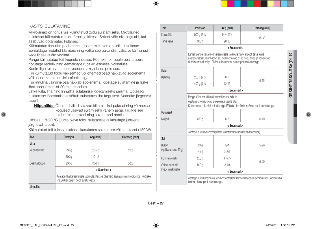 Samsung GE83DT-1/BAL manual Käsitsi Sulatamine, Toit Portsjon Aeg min Ooteaeg min Liha Veisehakkliha, Sealiha lõigud 