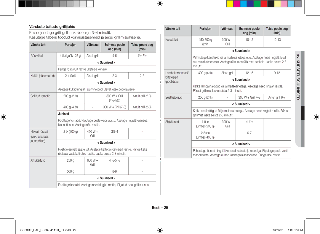 Samsung GE83DT-1/BAL manual Värske toit Portsjon 