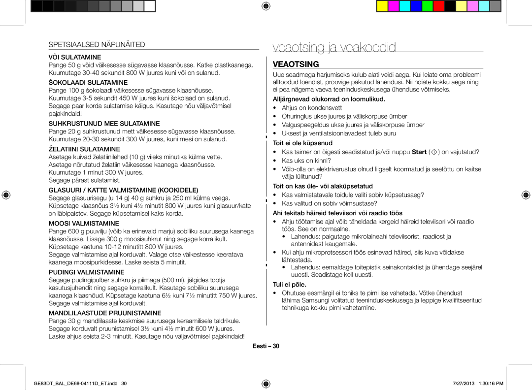 Samsung GE83DT-1/BAL manual Veaotsing ja veakoodid, Spetsiaalsed Näpunäited 