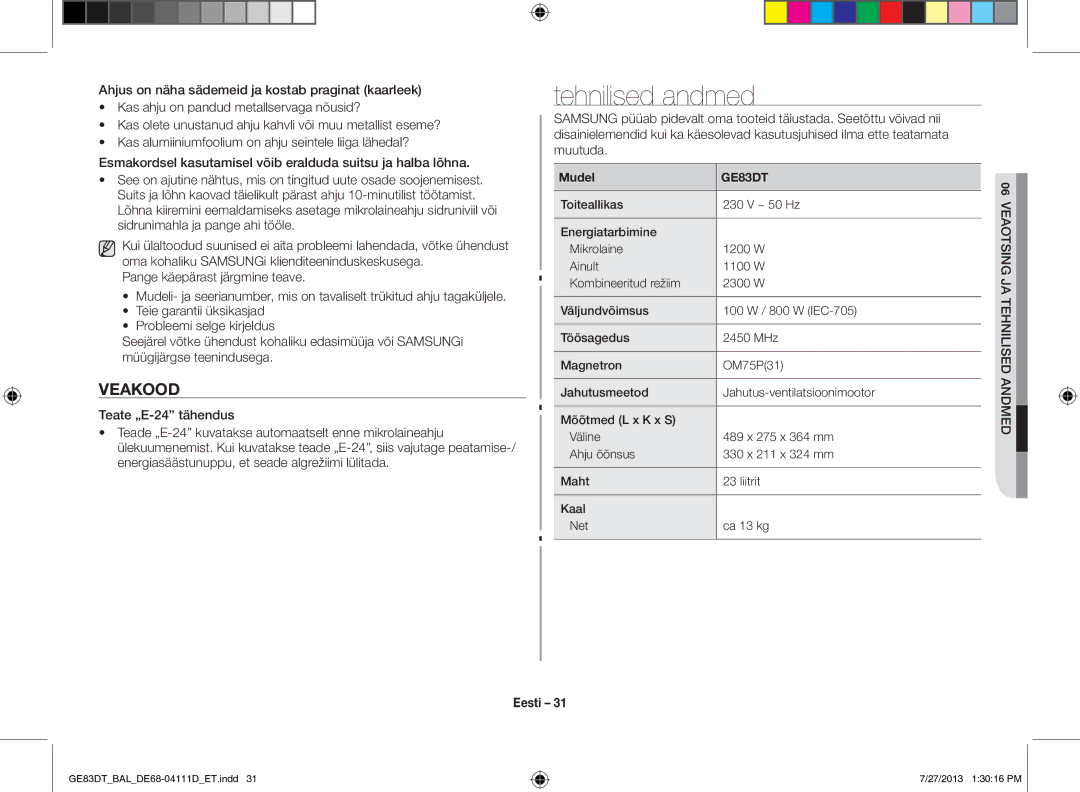 Samsung GE83DT-1/BAL manual Tehnilised andmed, Veakood, Mudel 