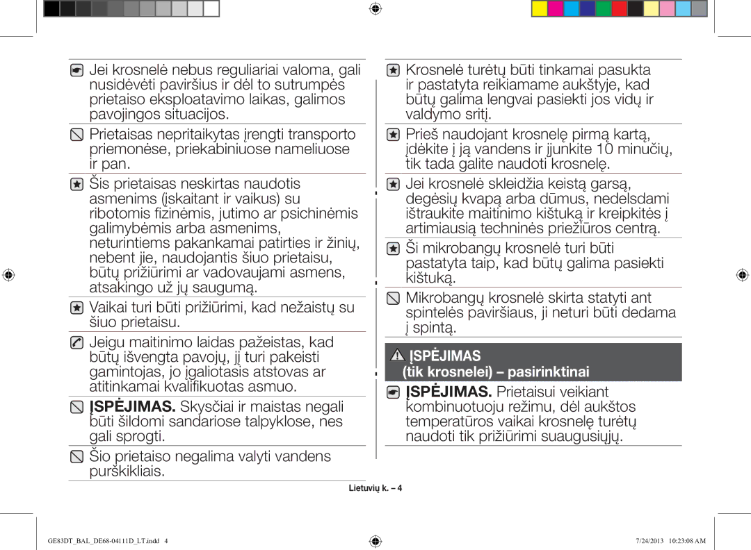 Samsung GE83DT-1/BAL manual Vaikai turi būti prižiūrimi, kad nežaistų su šiuo prietaisu, Tik krosnelei pasirinktinai 