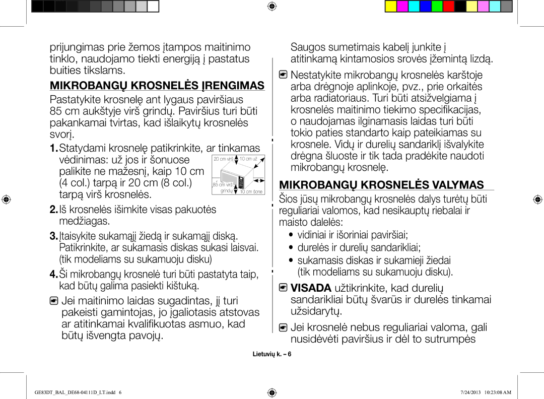 Samsung GE83DT-1/BAL manual Mikrobangų Krosnelės Įrengimas, Mikrobangų Krosnelės Valymas 