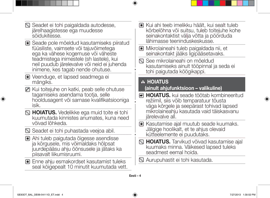 Samsung GE83DT-1/BAL manual Ainult ahjufunktsioon valikuline 