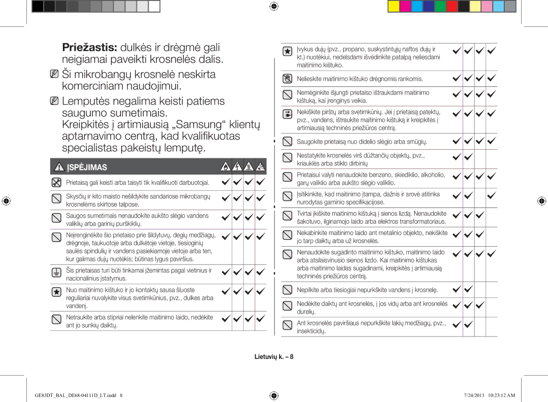 Samsung GE83DT-1/BAL manual Lemputės negalima keisti patiems saugumo sumetimais, Įspėjimas 