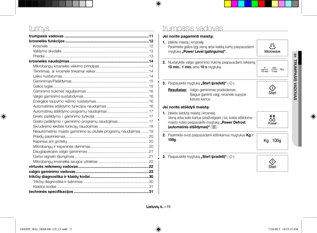 Samsung GE83DT-1/BAL manual Trumpasis vadovas, Jei norite pagaminti maistą, 10 min., 1 min. arba 10 s mygtuką, 100g 