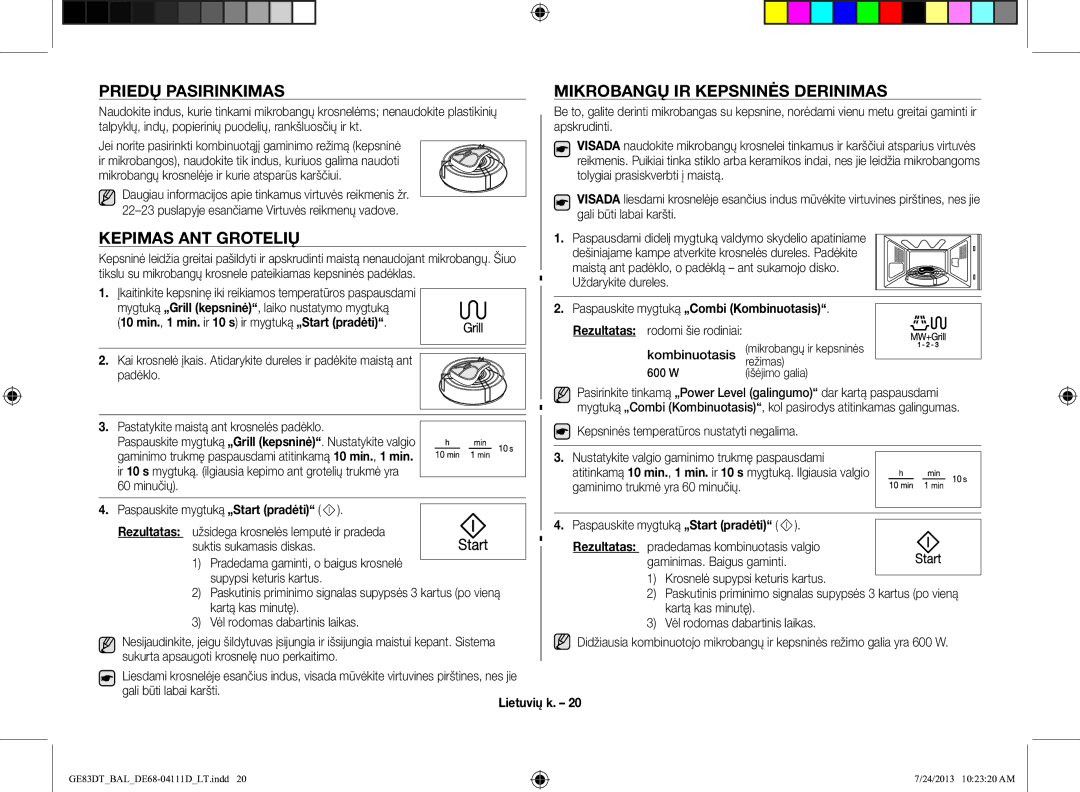 Samsung GE83DT-1/BAL manual Priedų Pasirinkimas, Kepimas ANT Grotelių, Mikrobangų IR Kepsninės Derinimas 