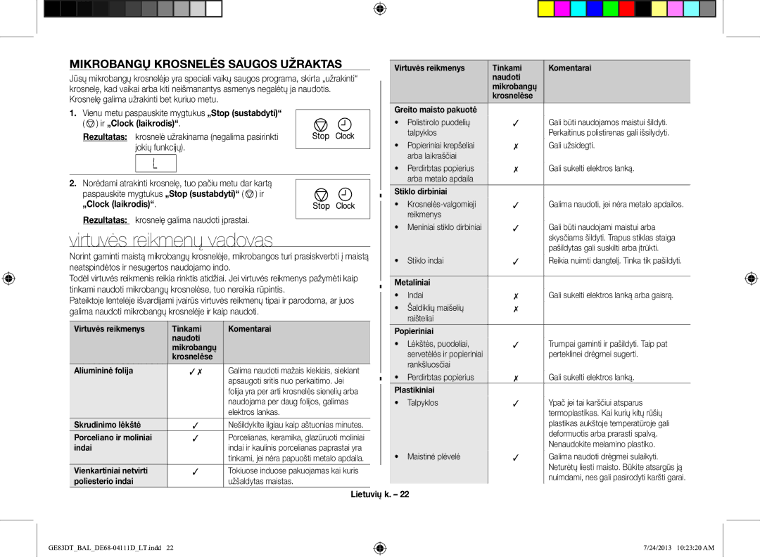 Samsung GE83DT-1/BAL manual Virtuvės reikmenų vadovas, Mikrobangų Krosnelės Saugos Užraktas, Ir „Clock laikrodis 