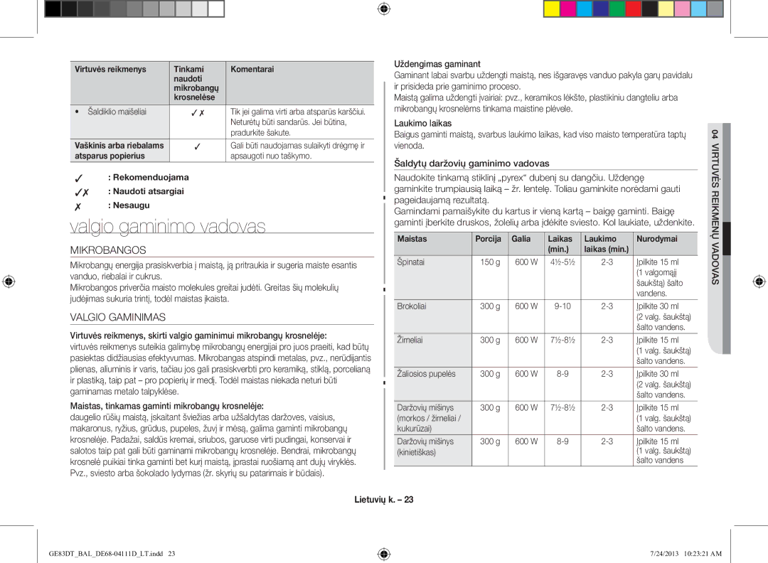 Samsung GE83DT-1/BAL manual Valgio gaminimo vadovas, Mikrobangos, Valgio Gaminimas 